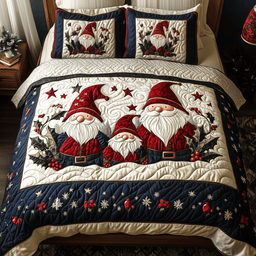 Festive Gnome 3 Piece Quilted Bedding Set Christmas Gift For Holiday Decor Lovers