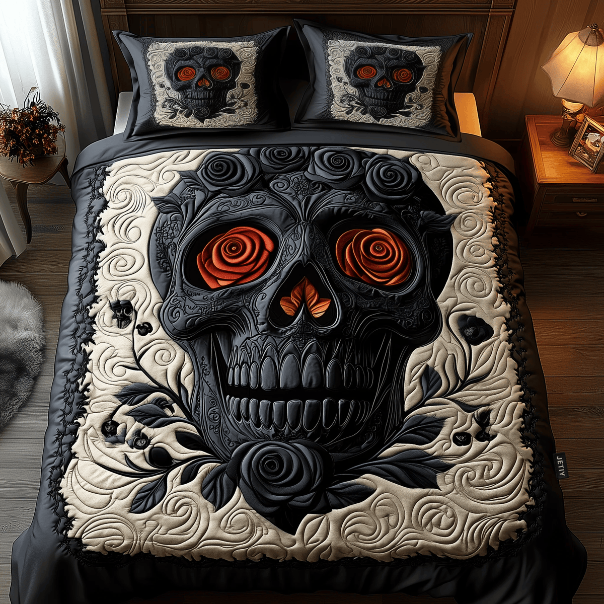 Black Rose Skull 3 Piece Quilted Bedding Set Gift For Flower Lovers
