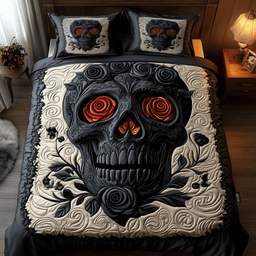 Black Rose Skull 3 Piece Quilted Bedding Set Gift For Flower Lovers