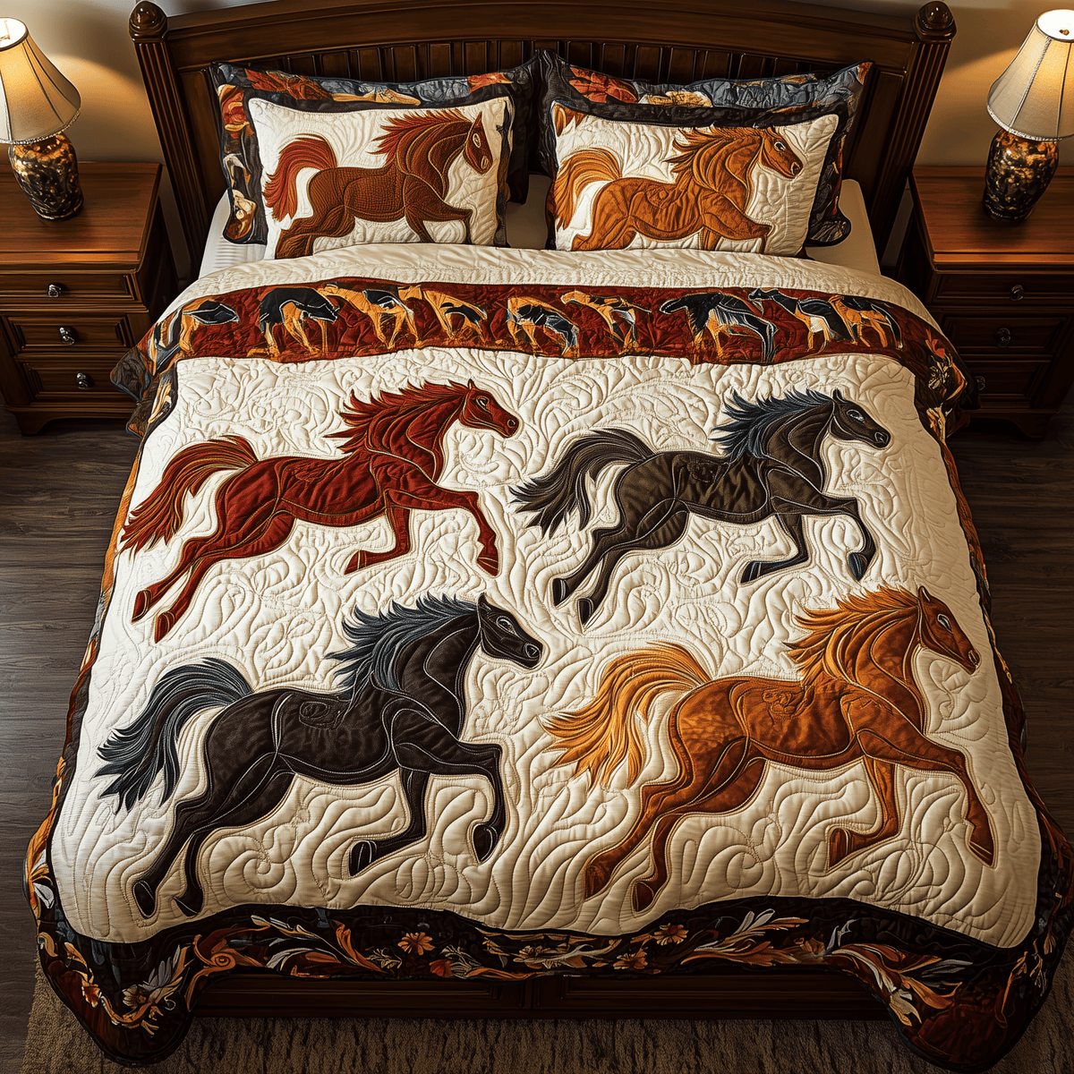 Horses of Fortune 3 Piece Quilted Bedding Set Gift For Horse Lovers