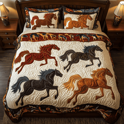 Horses of Fortune 3 Piece Quilted Bedding Set Gift For Horse Lovers