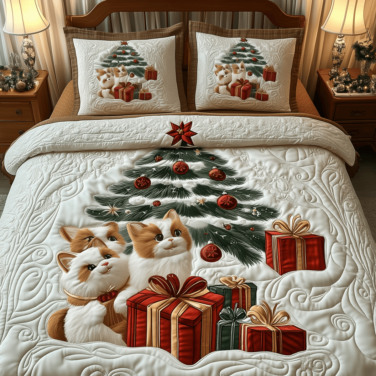 Festive Cat 3 Piece Quilted Bedding Set Christmas Gift For Cat Lovers
