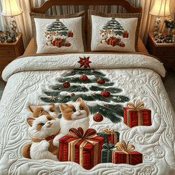 Festive Cat 3 Piece Quilted Bedding Set Christmas Gift For Cat Lovers