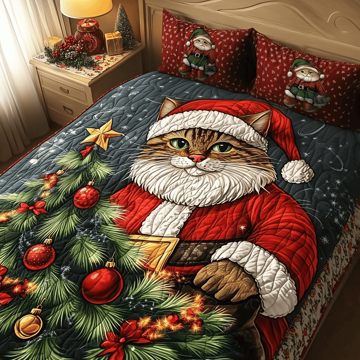 Festive Cat 3 Piece Quilted Bedding Set Christmas Gift For Cat Lovers