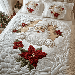 Elegant White Santa Claus 3 Piece Quilted Bedding Set Christmas Gift For Holiday Decor Lovers