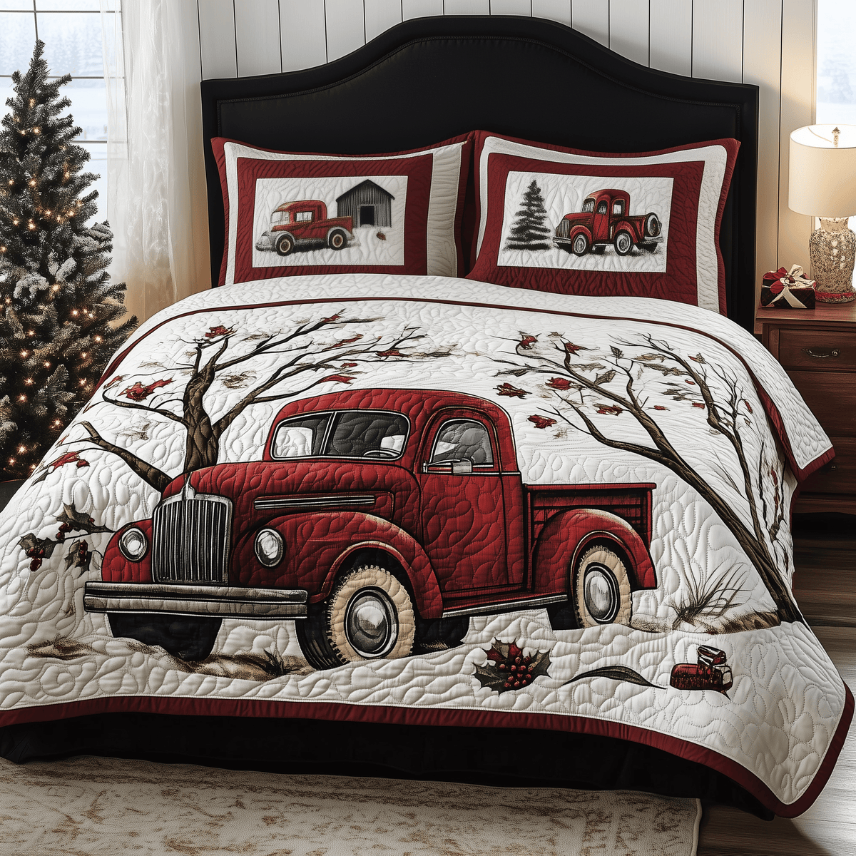 Truck 3 Piece Quilted Bedding Set Christmas Gift For Holiday Decor Lovers