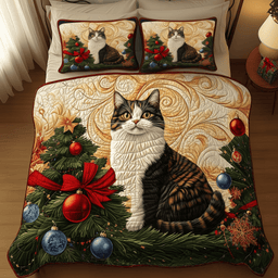 Festive Cat 3 Piece Quilted Bedding Set Christmas Gift For Cat Lovers