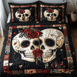 Skull Couple 3 Piece Quilted Bedding Set Gift For Gothic Decor Lovers