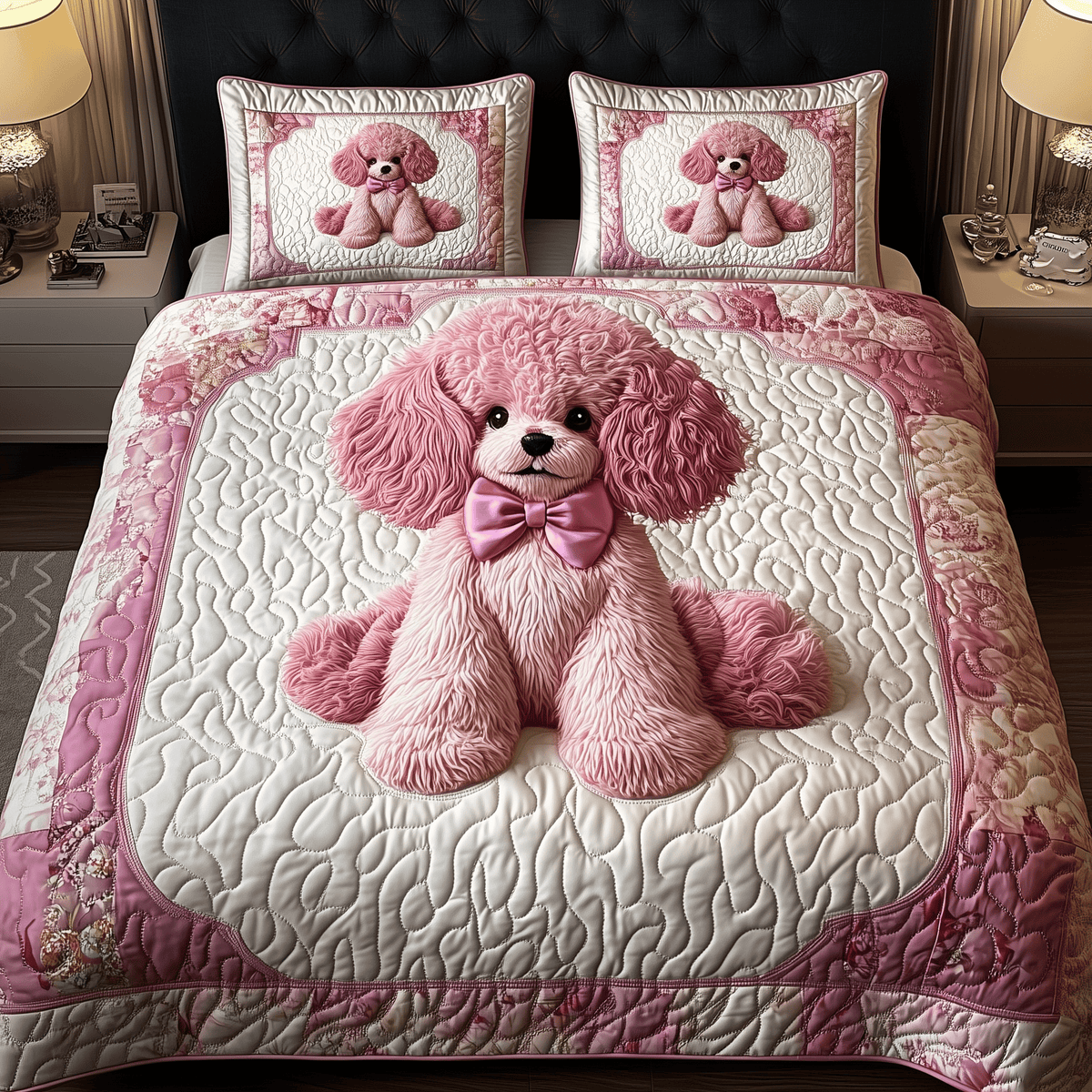 Pinky Adorable Poodle Dog 3 Piece Quilted Bedding Set Gift For Dog Lovers