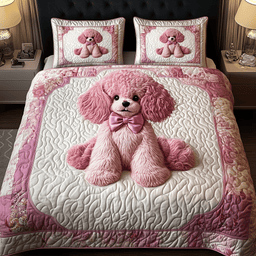 Pinky Adorable Poodle Dog 3 Piece Quilted Bedding Set Gift For Dog Lovers