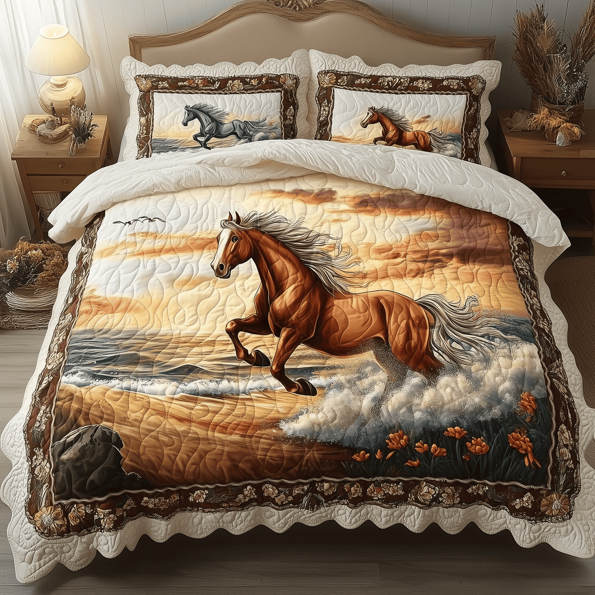 Beachside Runners Horse 3 Piece Quilted Bedding Set Gift For Horse Lovers