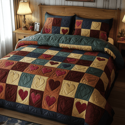 Burgundy Heart Shape 3 Piece Quilted Bedding Set Gift For Home Decor Lovers