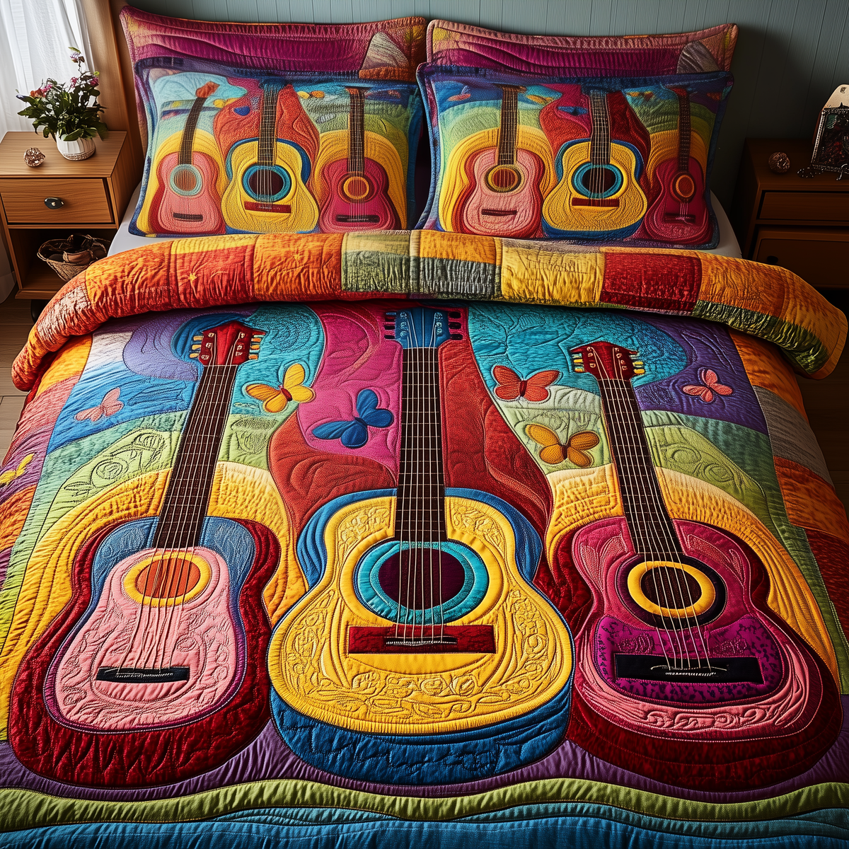 Acoustic Guitar 3 Piece Quilted Bedding Set Gift For Music Lovers
