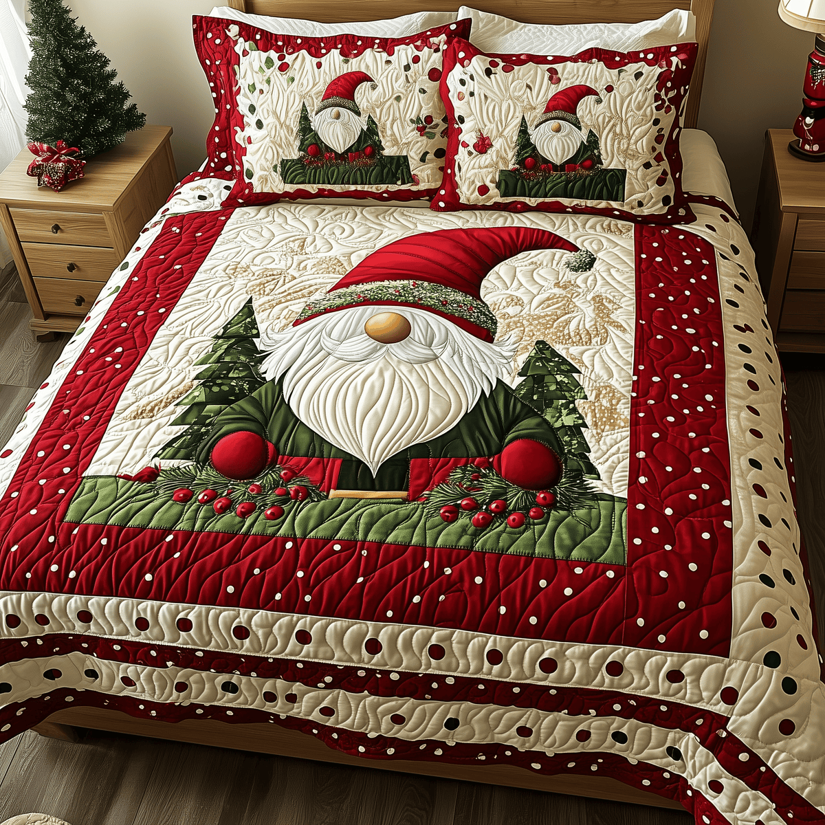 Festive Gnome 3 Piece Quilted Bedding Set Christmas Gift For Holiday Decor Lovers