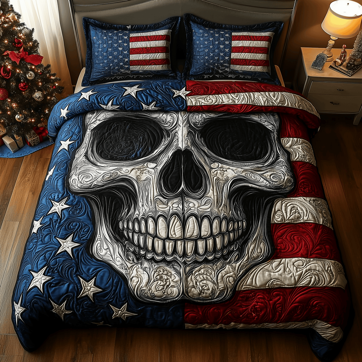 American Pride Skull 3 Piece Quilted Bedding Set Gift For Gothic Decor Lovers