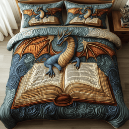 Library Dragon 3 Piece Quilted Bedding Set Gift For Book Lovers