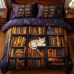 Vintage Cat Bookshelf 3 Piece Quilted Bedding Set Gift For Cat Lovers
