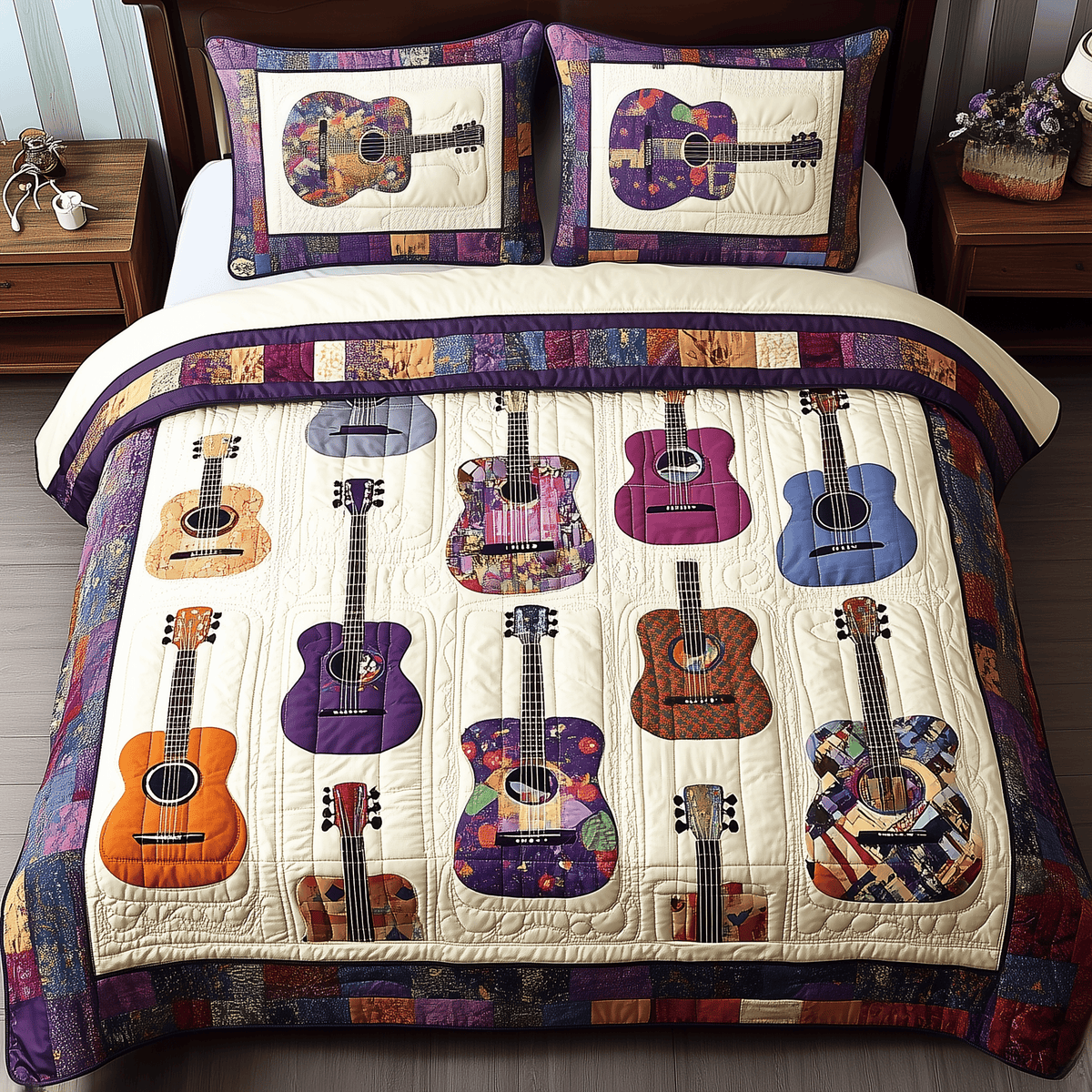 Coloful Guitars 3 Piece Quilted Bedding Set Gift For Music Lovers