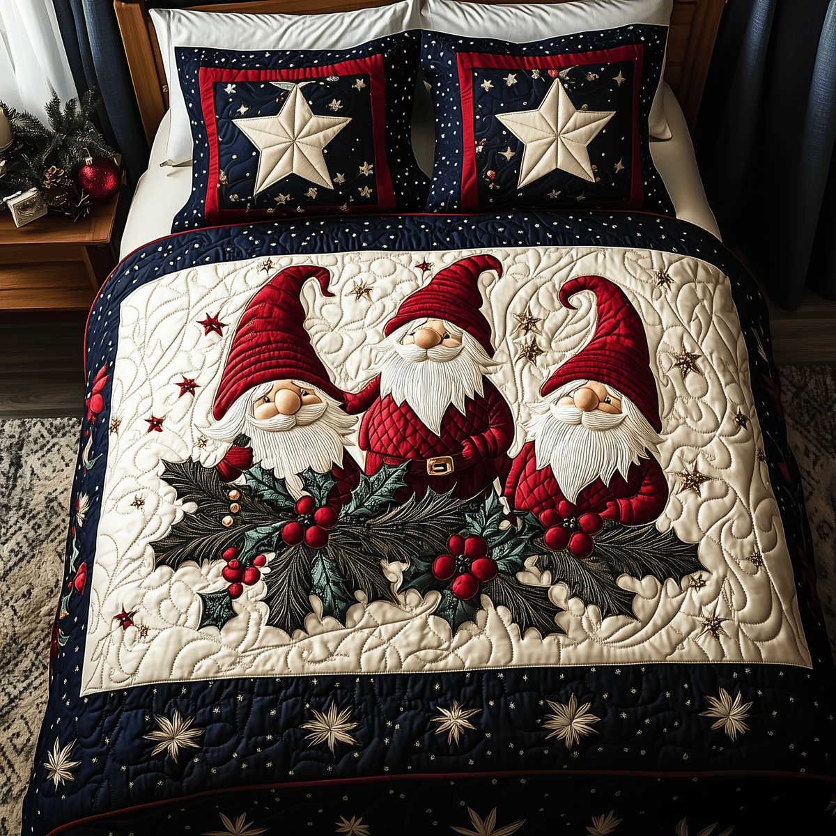 Festive Gnome 3 Piece Quilted Bedding Set Christmas Gift For Holiday Decor Lovers