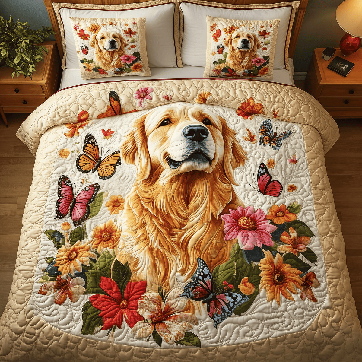 Golden Retriever 3 Piece Quilted Bedding Set Gift For Dog Lovers