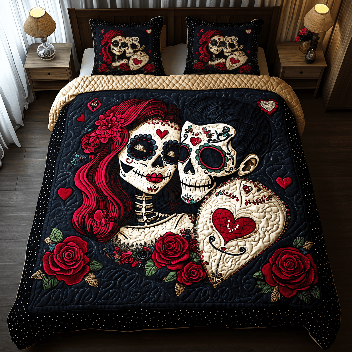 Sugar Skull Couple 3 Piece Quilted Bedding Set Gift For Gothic Decor Lovers