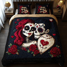 Sugar Skull Couple 3 Piece Quilted Bedding Set Gift For Gothic Decor Lovers