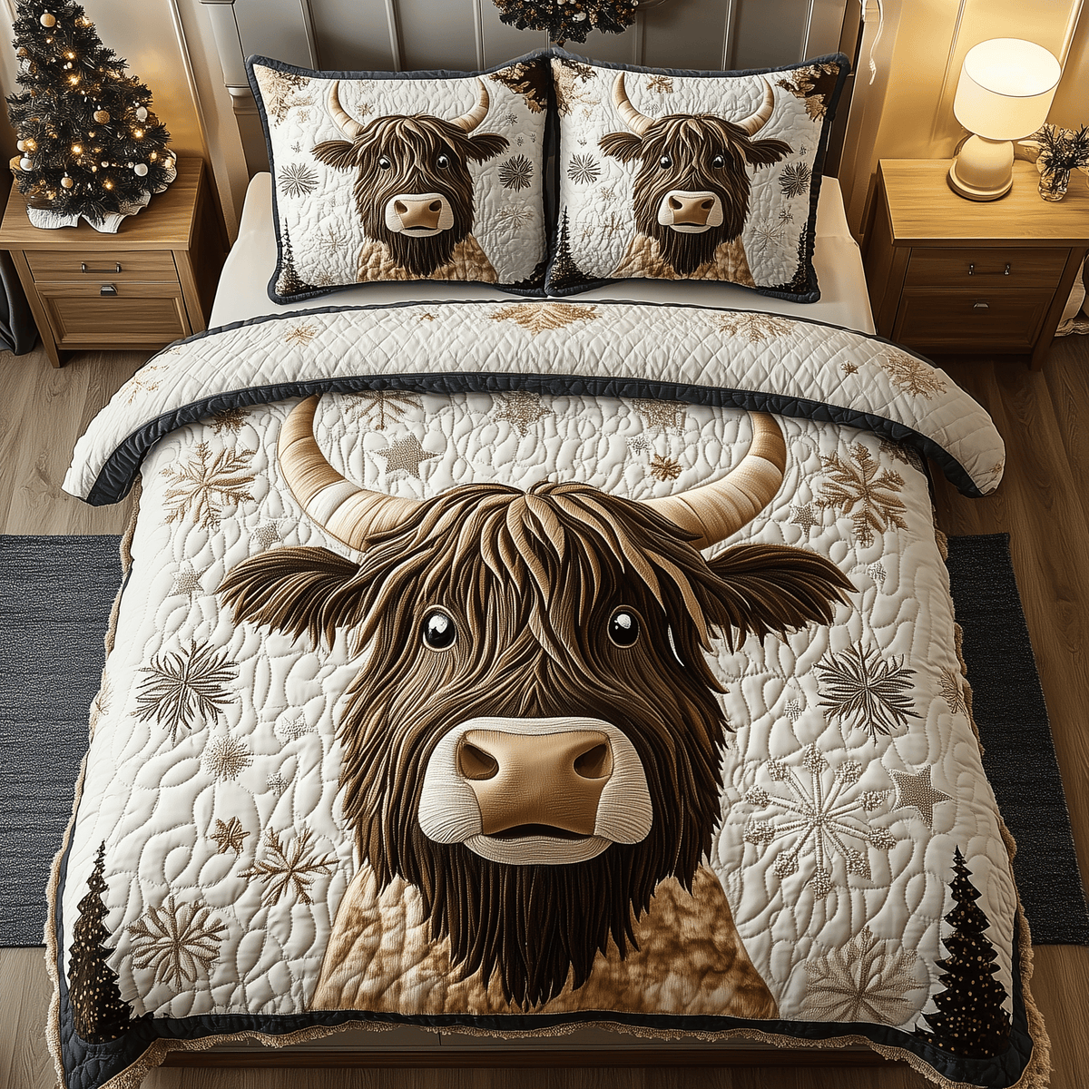 Funky Highland Cow 3 Piece Quilted Bedding Set Gift For Cow Lovers