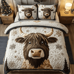 Funky Highland Cow 3 Piece Quilted Bedding Set Gift For Cow Lovers