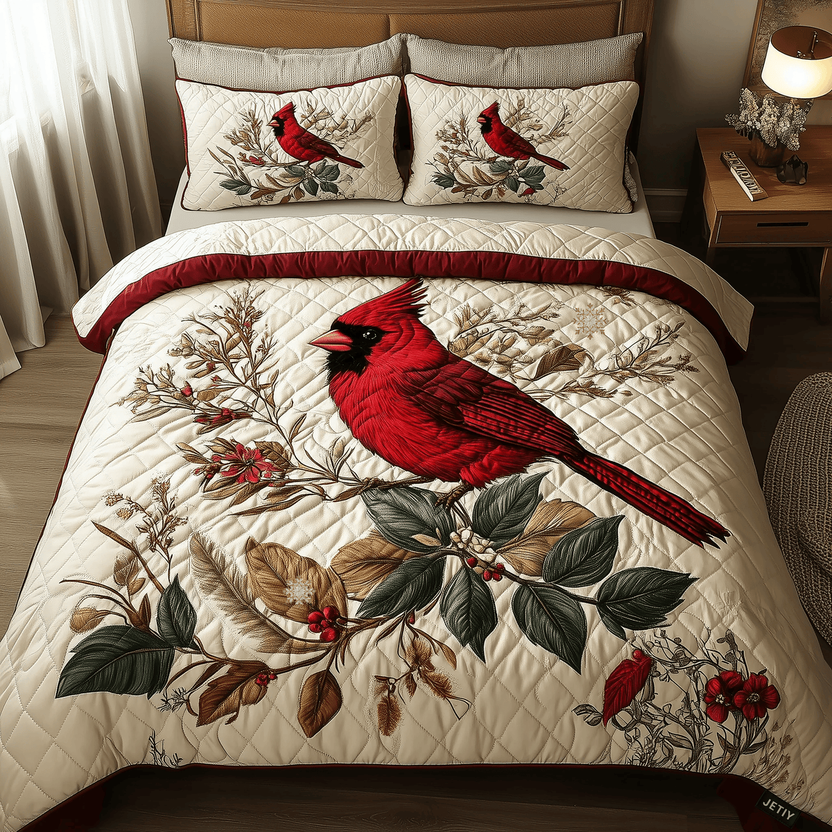 Elegant Red Cardinal 3 Piece Quilted Bedding Set Gift For Bird Lovers