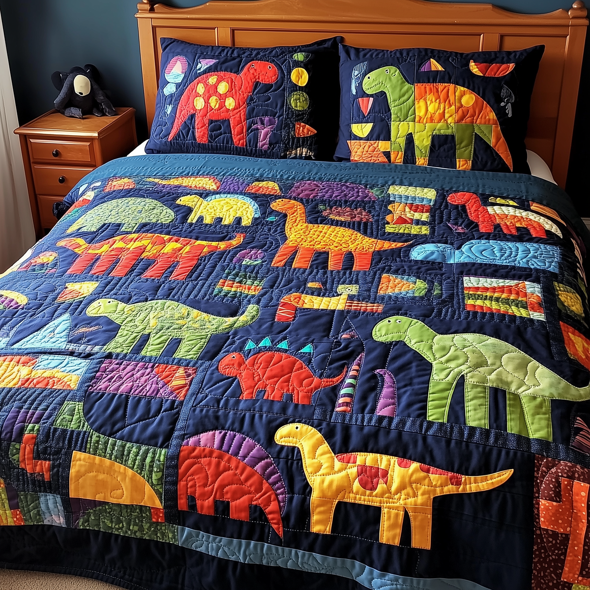 Playful Dinosaurs 3 Piece Quilted Bedding Set Gift For Home Decor Lovers