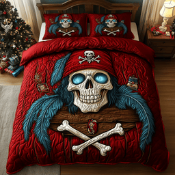 Captain Skull Pirate 3 Piece Quilted Bedding Set Gift For Gothic Decor Lovers