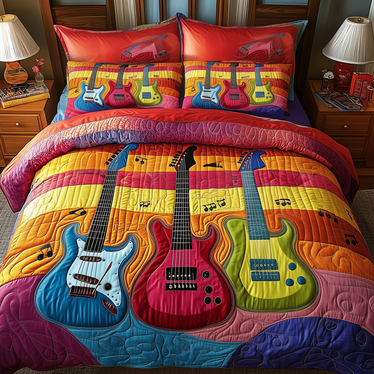 Electric Guitar 3 Piece Quilted Bedding Set Gift For Music Lovers