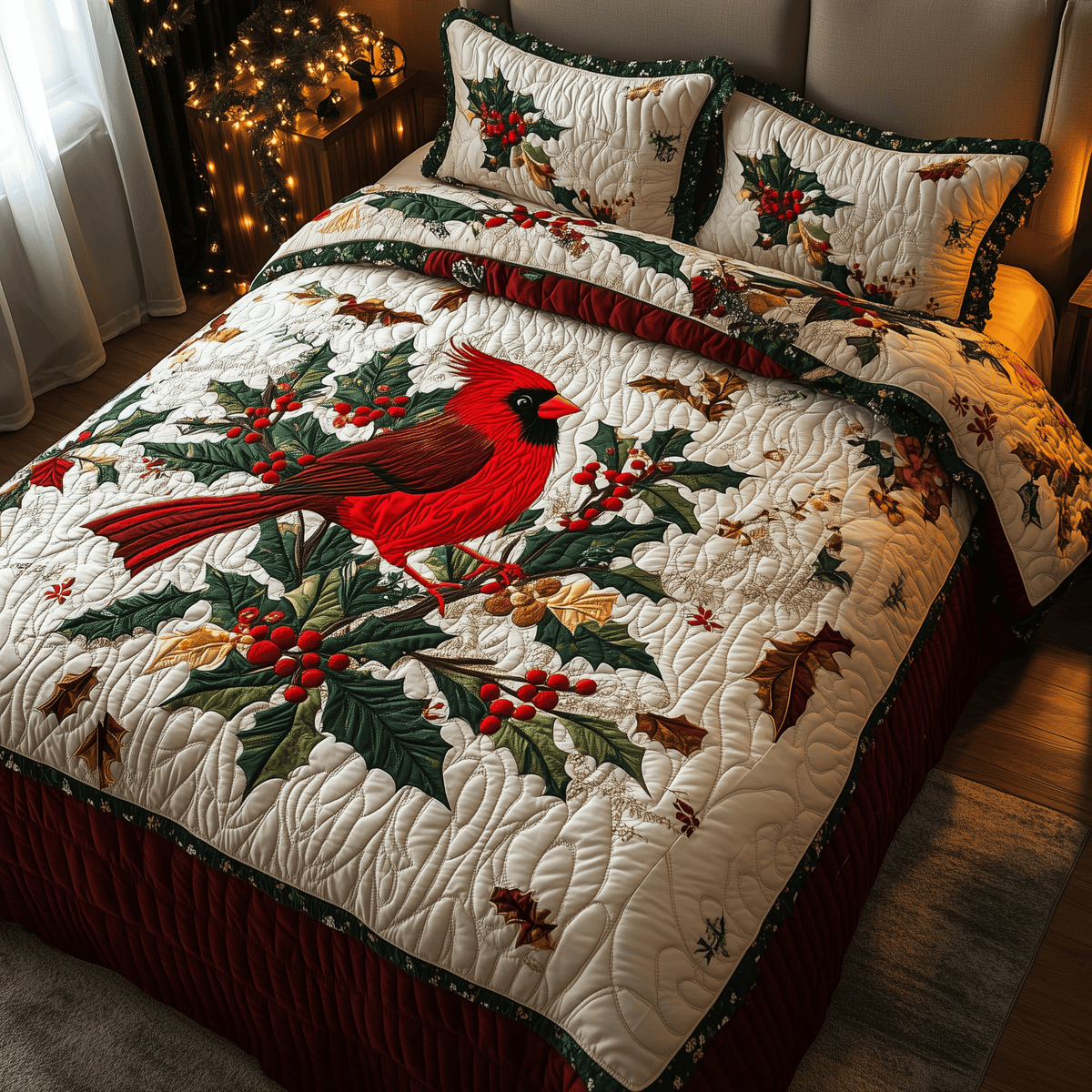 Red Cardinal Holiday 3 Piece Quilted Bedding Set Gift For Bird Lovers