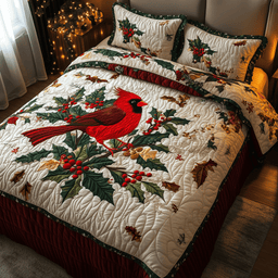 Red Cardinal Holiday 3 Piece Quilted Bedding Set Gift For Bird Lovers
