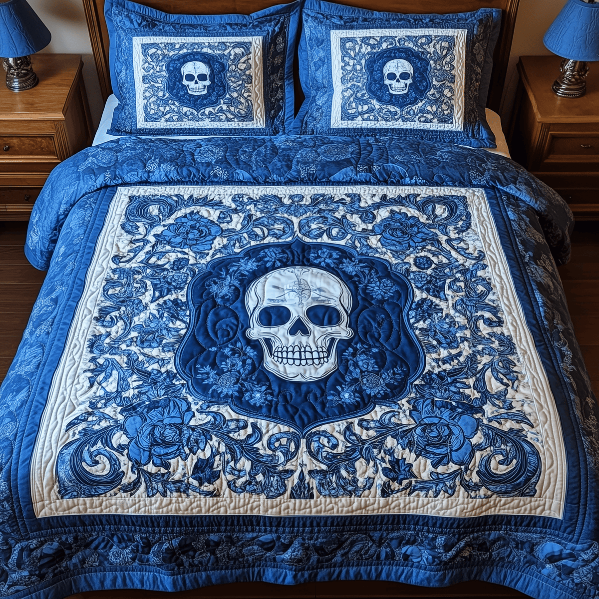 Skull 3 Piece Quilted Bedding Set Gift For Gothic Decor Lovers