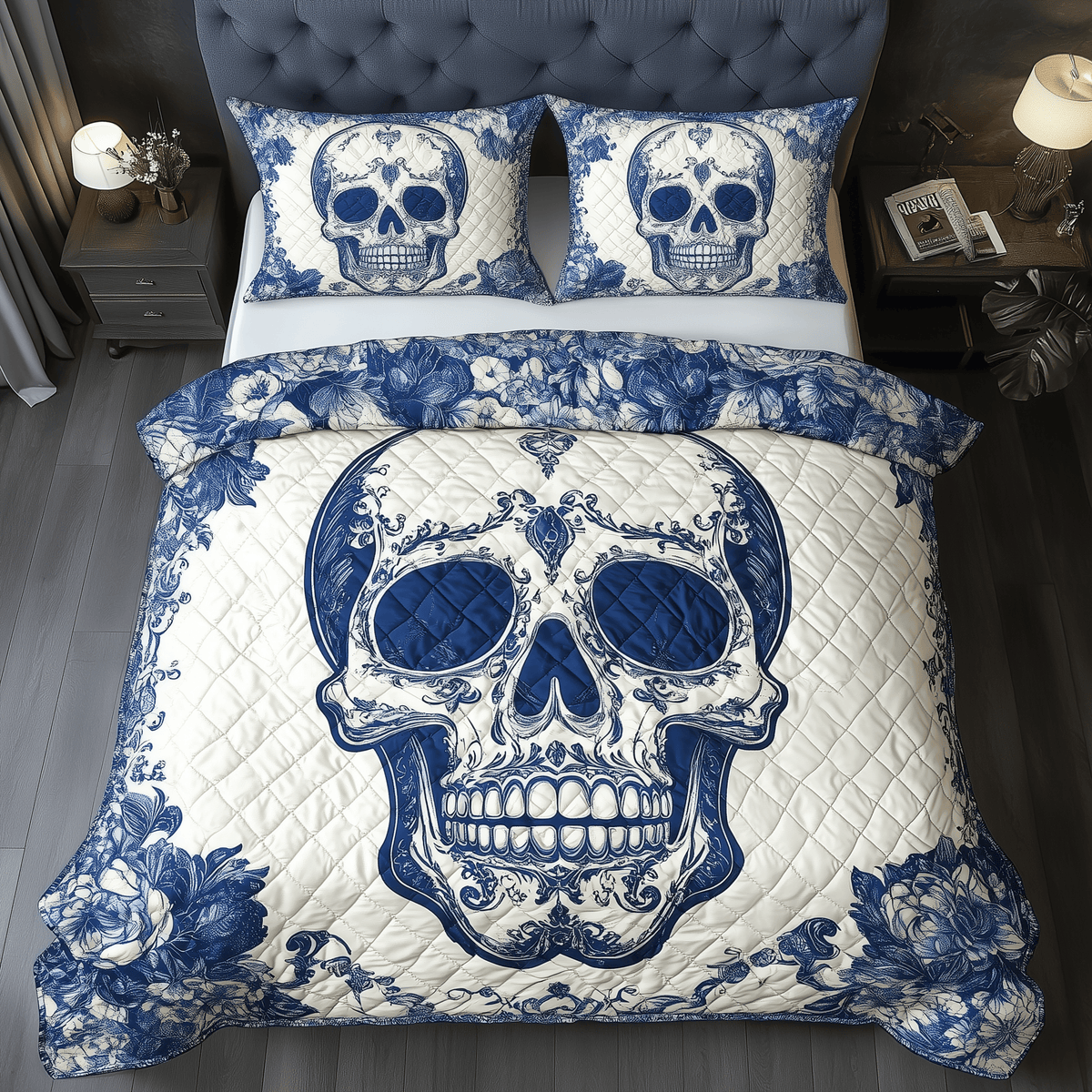 Skull 3 Piece Quilted Bedding Set Gift For Gothic Decor Lovers