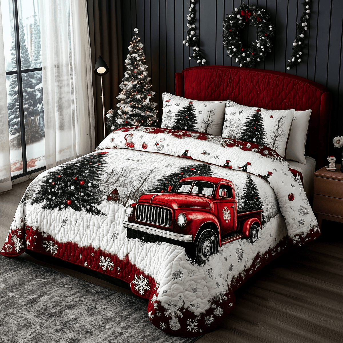 Truck 3 Piece Quilted Bedding Set Christmas Gift For Holiday Decor Lovers