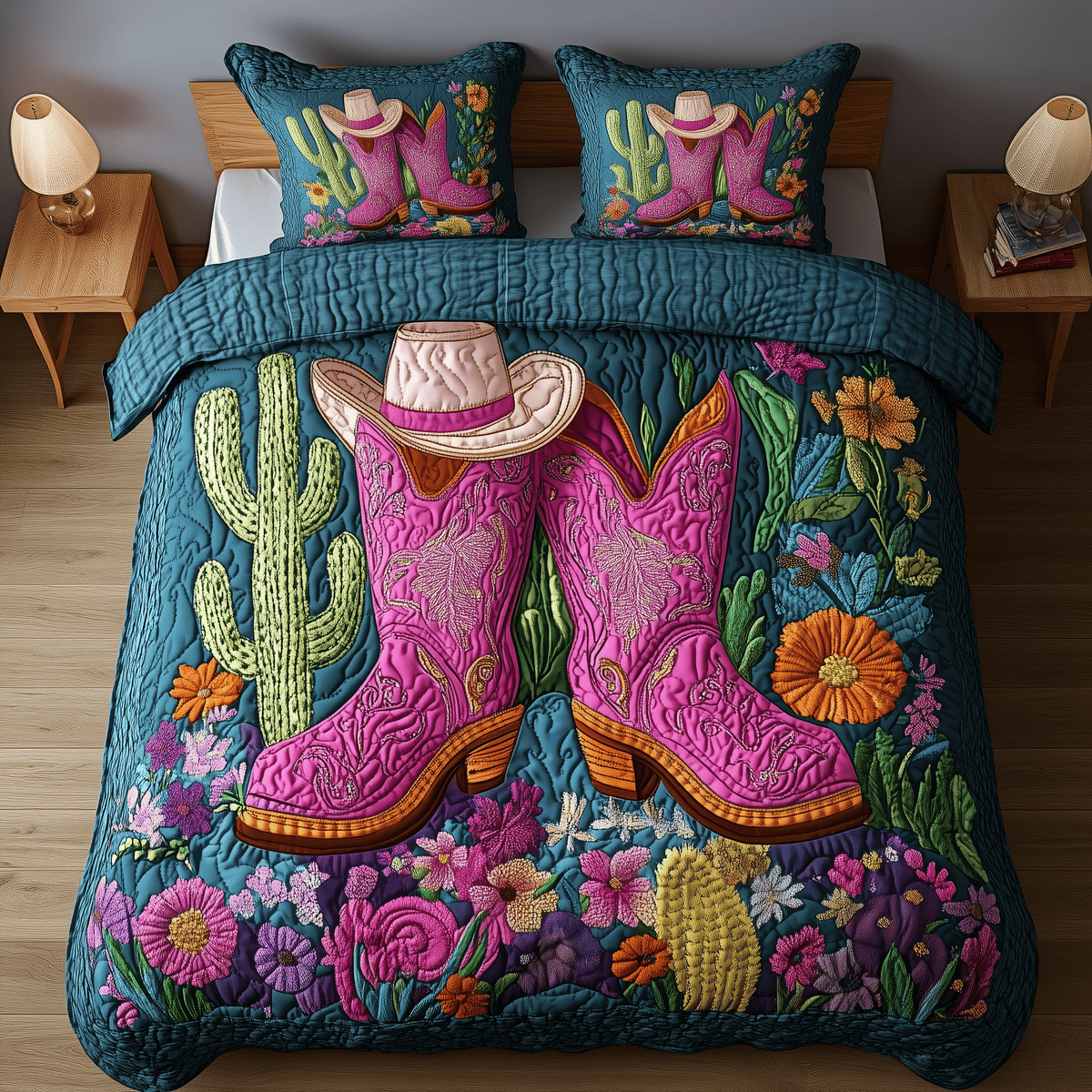 Cactus Cowboy Boot 3 Piece Quilted Bedding Set Gift For Western Lovers