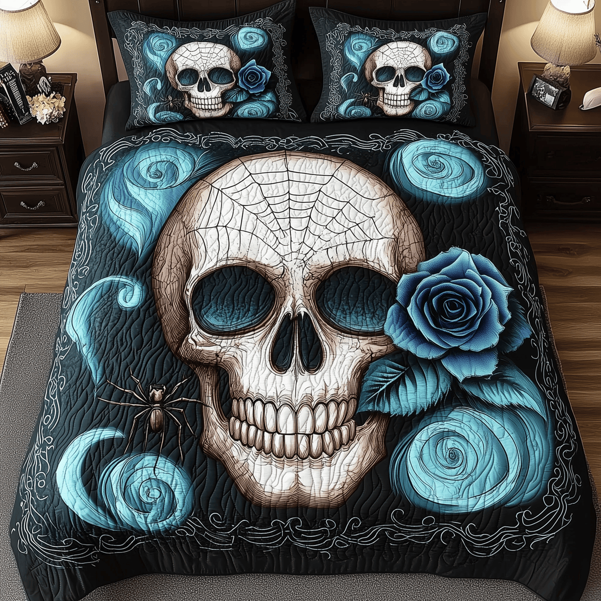 Blue Rose Skull 3 Piece Quilted Bedding Set Gift For Flower Lovers