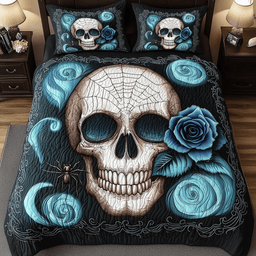 Blue Rose Skull 3 Piece Quilted Bedding Set Gift For Flower Lovers