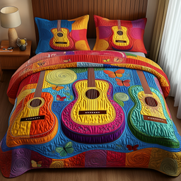 Acoustic Guitar 3 Piece Quilted Bedding Set Gift For Music Lovers