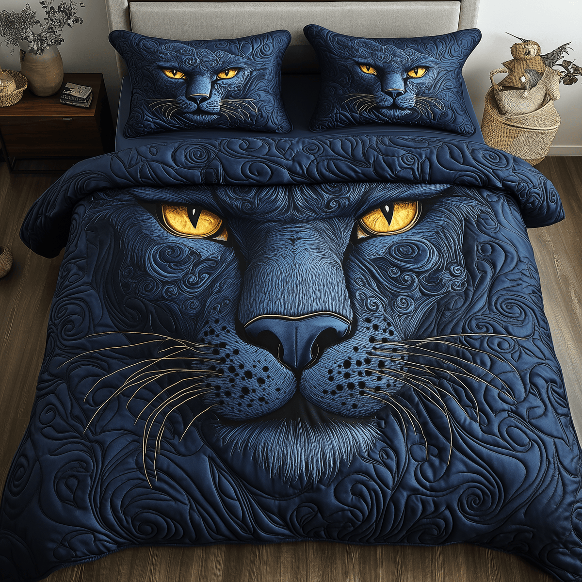 Blue Panther 3 Piece Quilted Bedding Set Gift For Home Decor Lovers