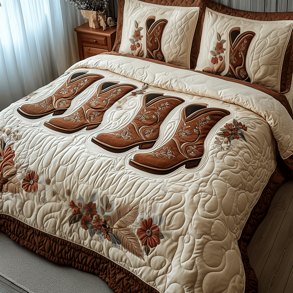 Vintage Cowboy Boots 3 Piece Quilted Bedding Set Gift For Western Lovers