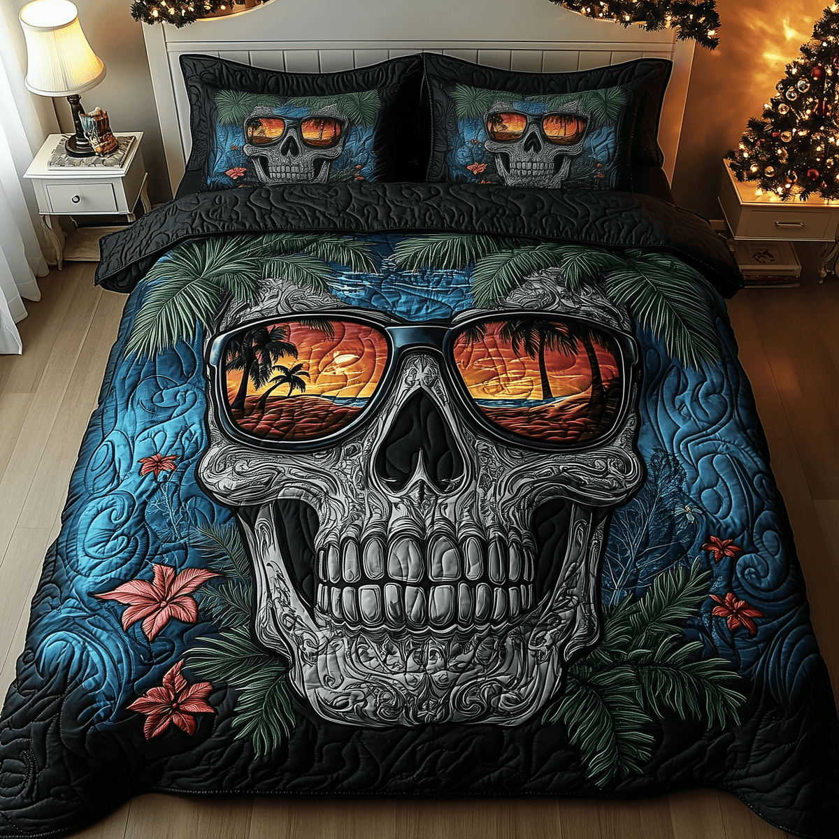 Skull Island 3 Piece Quilted Bedding Set Gift For Gothic Decor Lovers