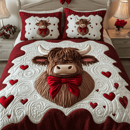 Highland Cow 3 Piece Quilted Bedding Set Valentines Day Gift For Cow Lovers
