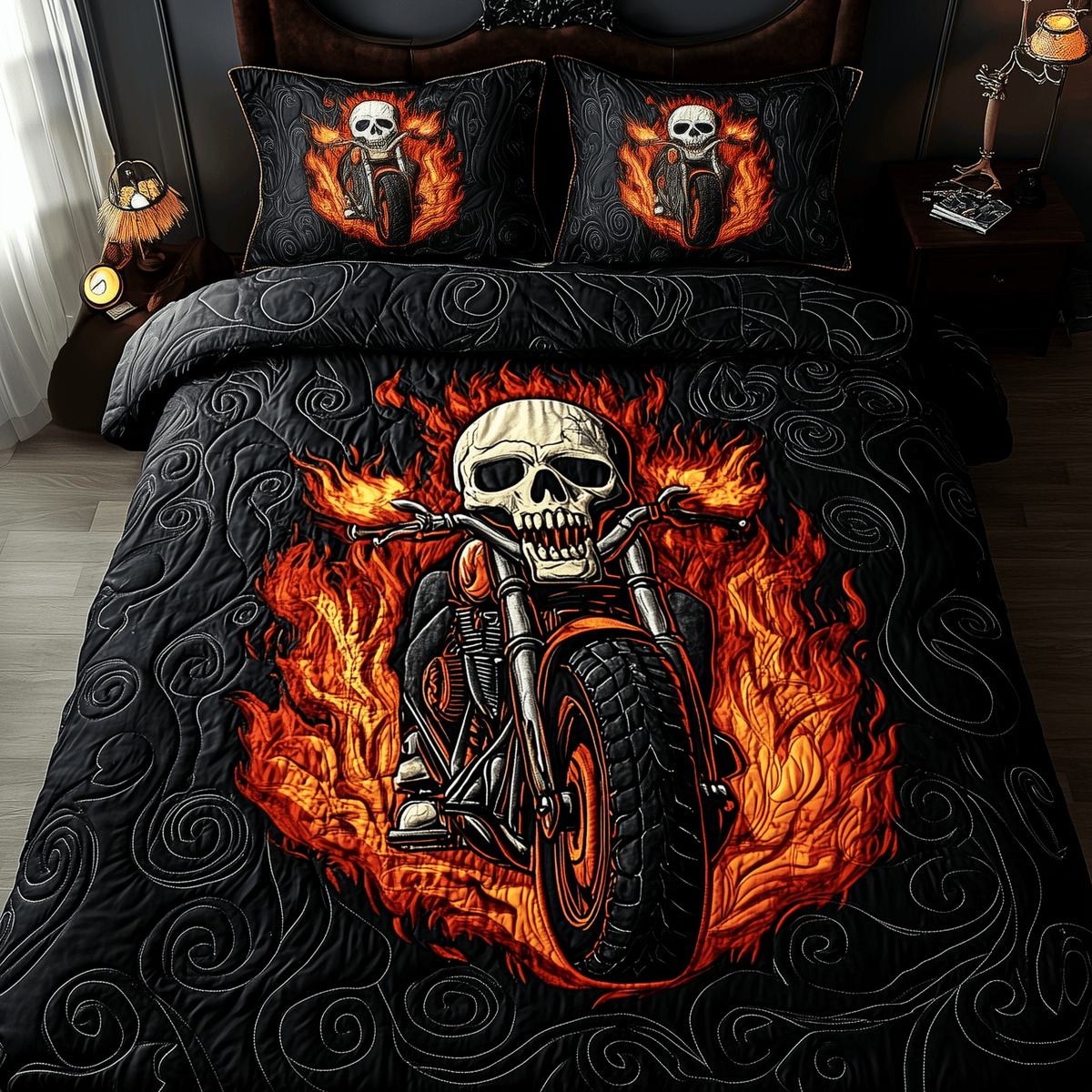 Skull Rider 3 Piece Quilted Bedding Set Gift For Gothic Decor Lovers