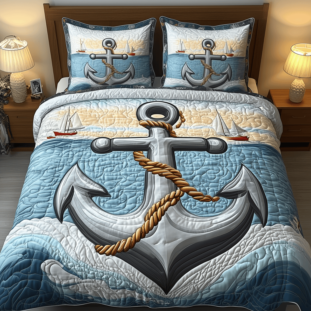Nautical Anchor 3 Piece Quilted Bedding Set Gift For Beach Lovers
