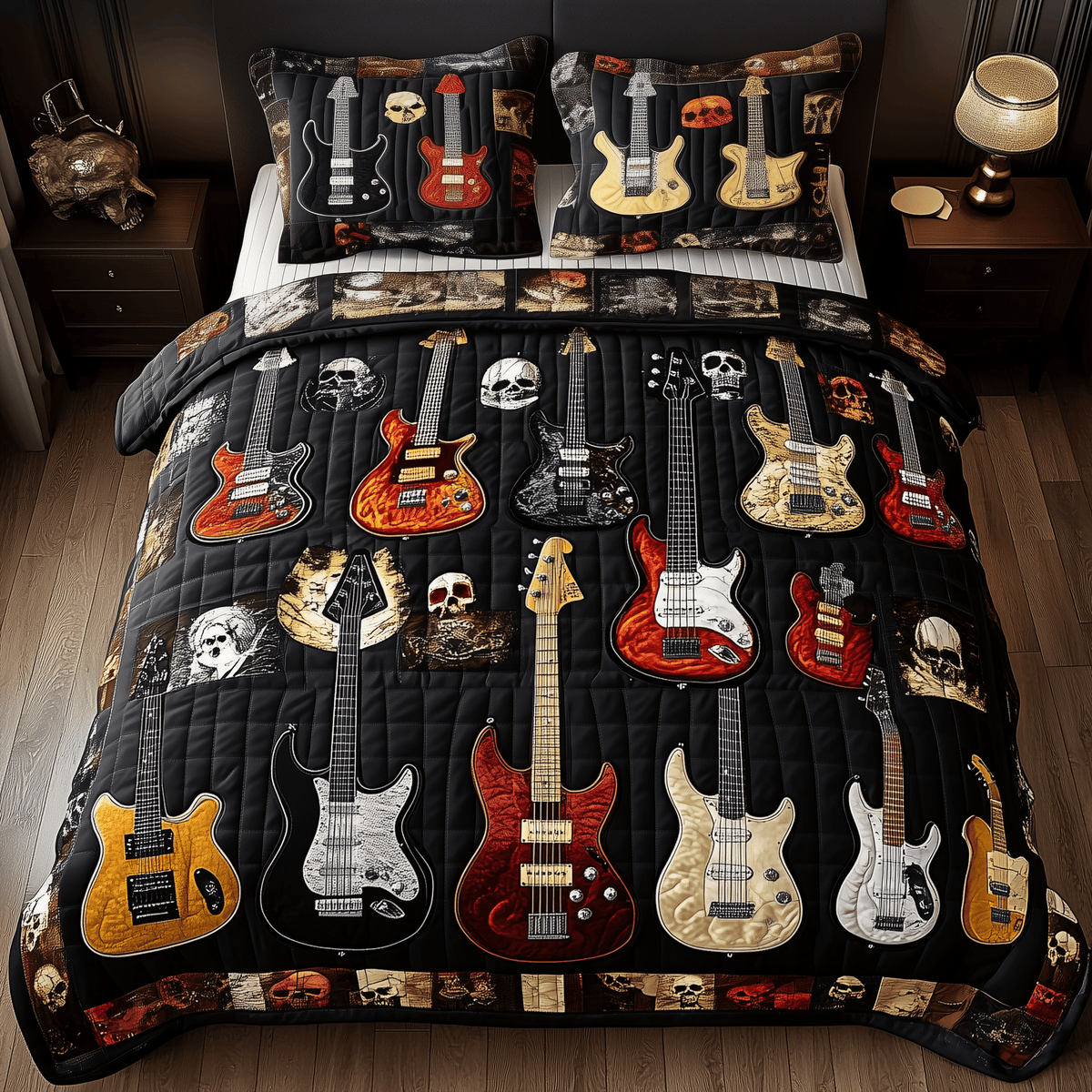 Intricate Electric Guitars 3 Piece Quilted Bedding Set Gift For Music Lovers