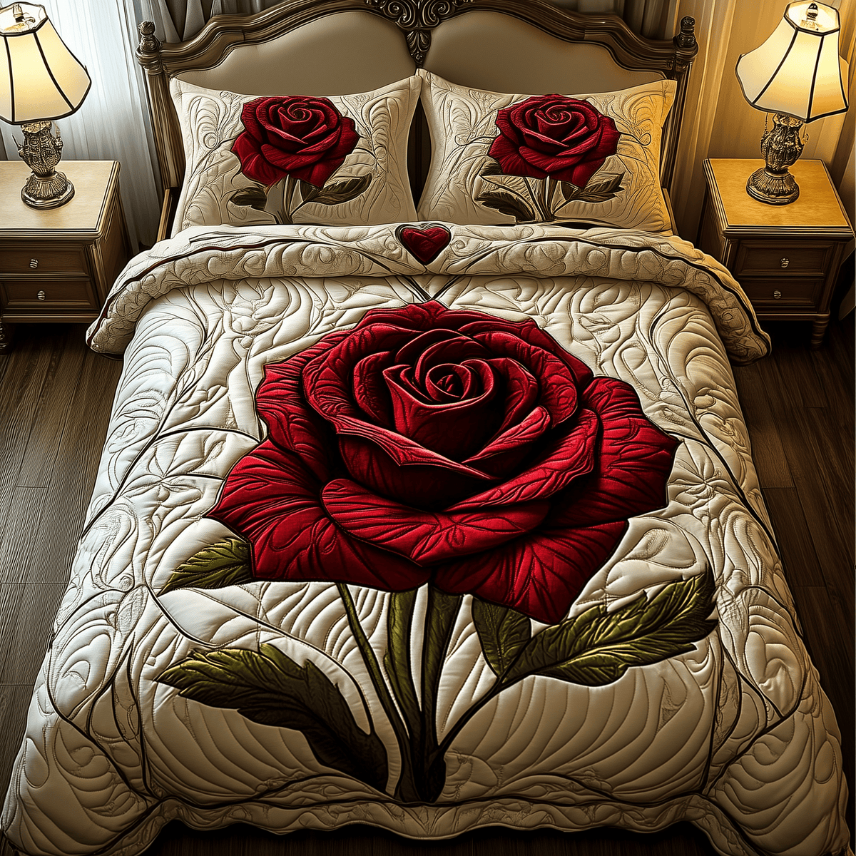 Red Rose for U 3 Piece Quilted Bedding Set Gift For Flower Lovers