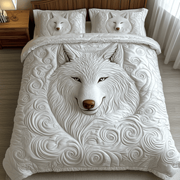Ethereal White Wolf 3 Piece Quilted Bedding Set Gift For Wolf Lovers